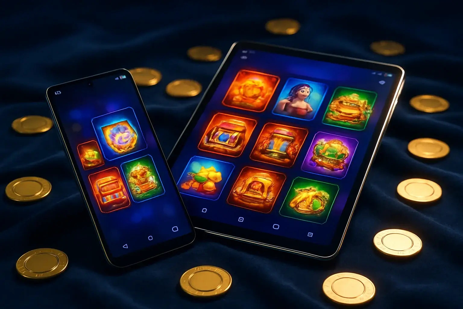 Phone and tablet showing glowing casino app UI on velvet with chips