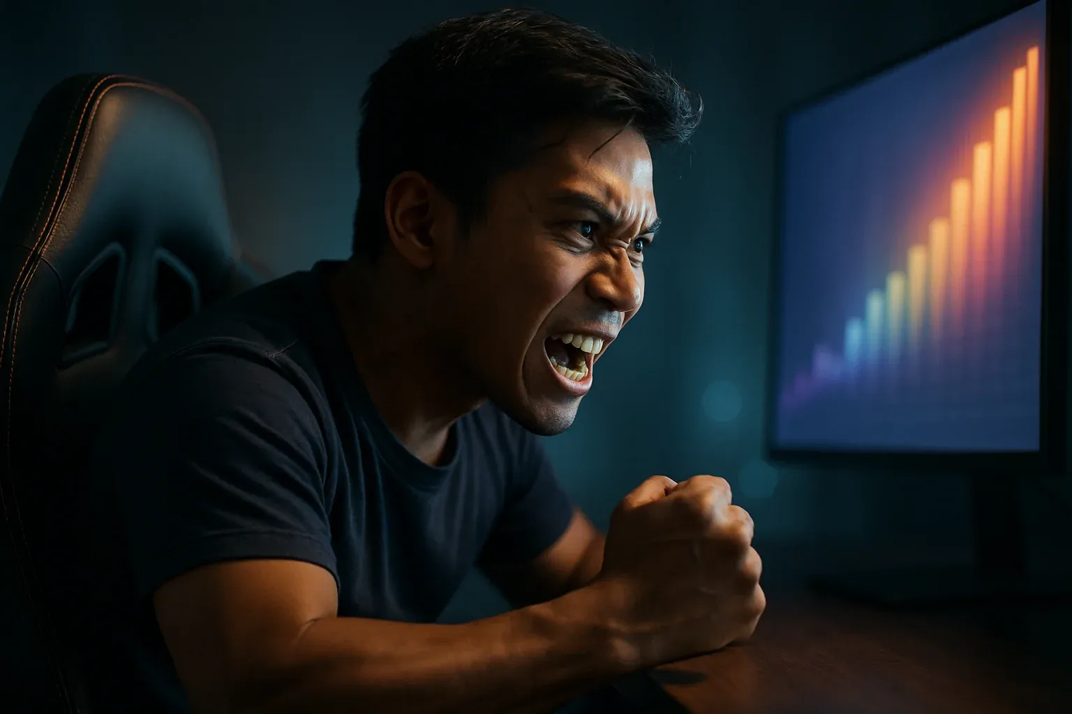 Filipino male gamer leaning forward, lit by monitor with abstract rising graph