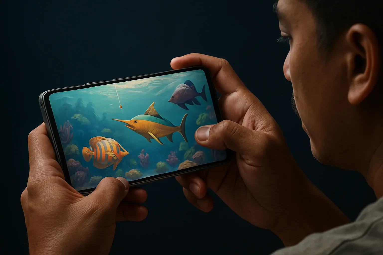 Filipino man holding Android phone showing colorful underwater fishing game scene