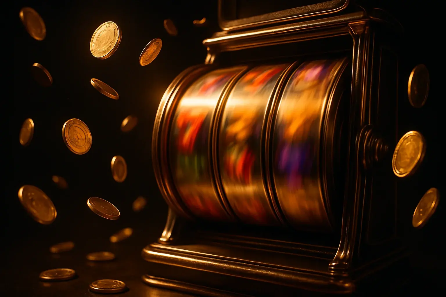 Hyperrealistic colorful slot machine reels mid-spin with flying gold coins