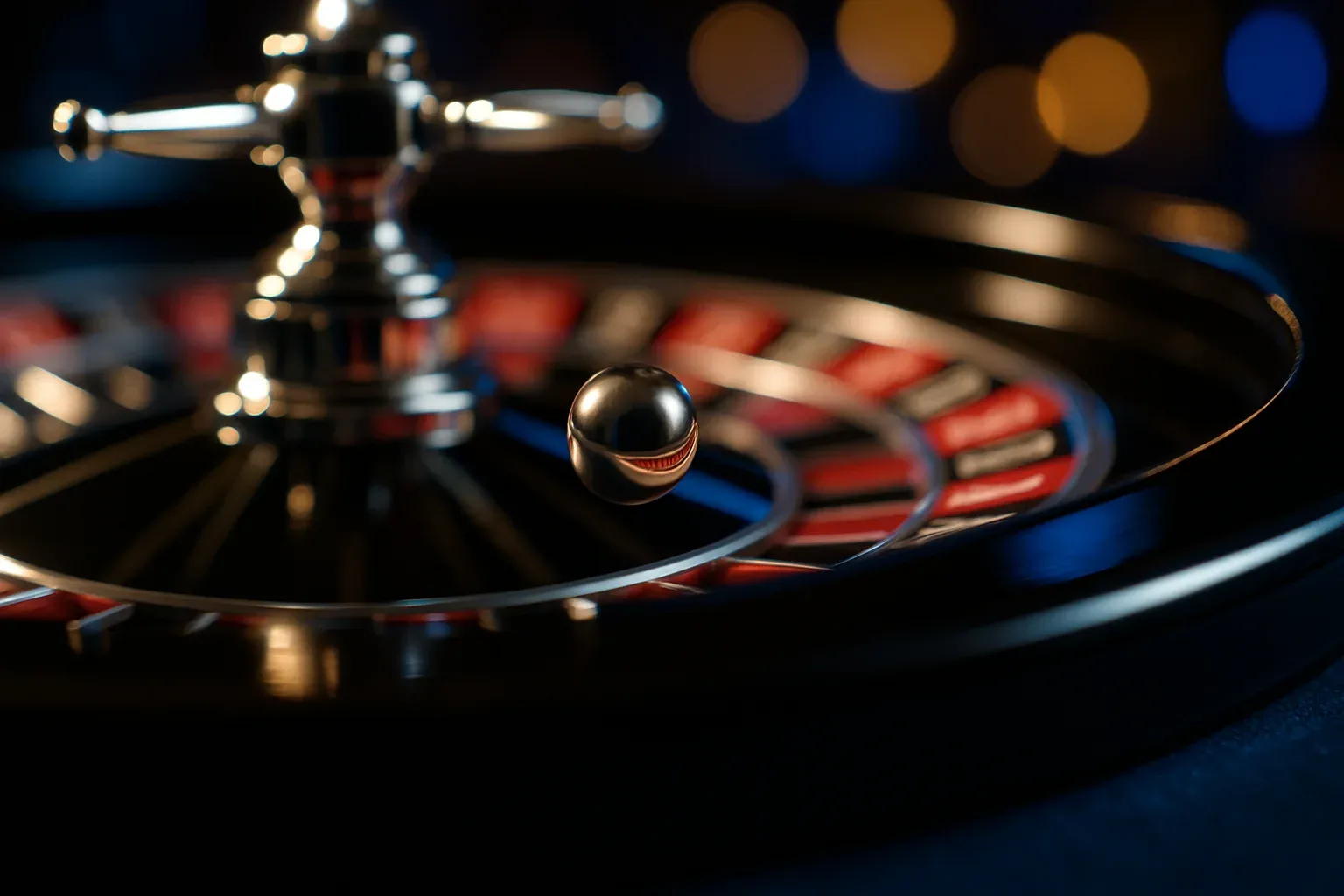 Hyperrealistic macro shot of live casino roulette wheel spinning with chrome ball