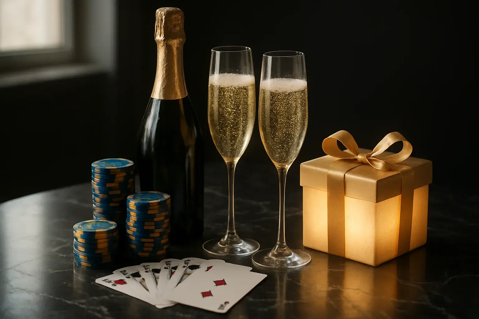 Champagne bottle, crystal flutes, casino chips, playing cards, and glowing gift box