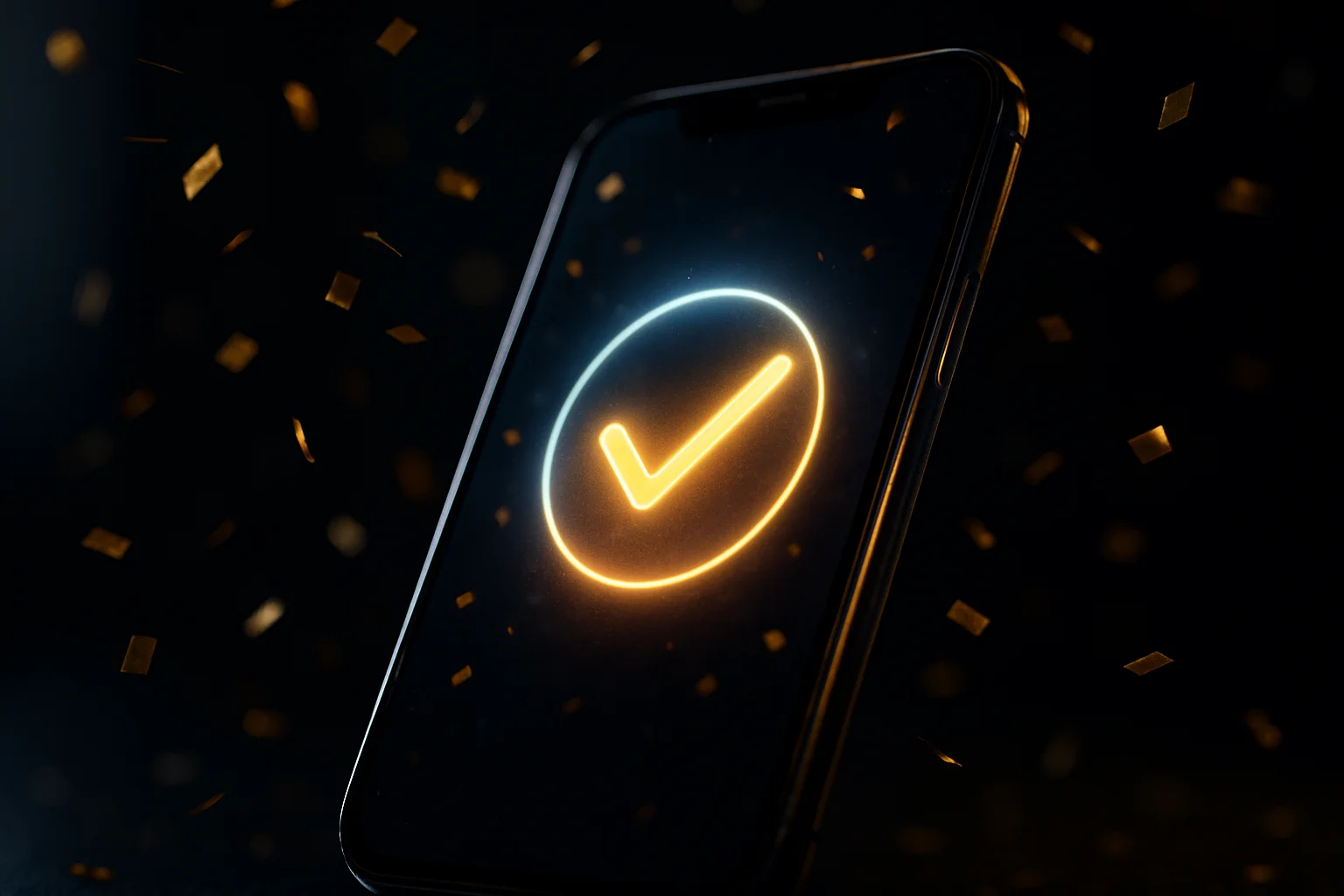 Smartphone showing glowing checkmark success animation with golden confetti in dark