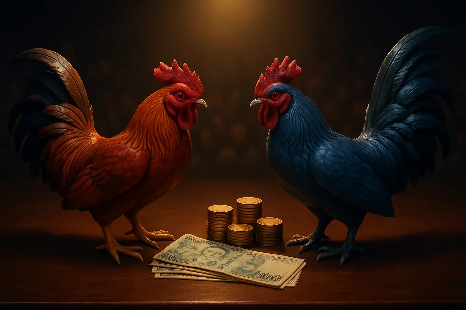 Two rooster figurines face off with peso banknotes and gold coins