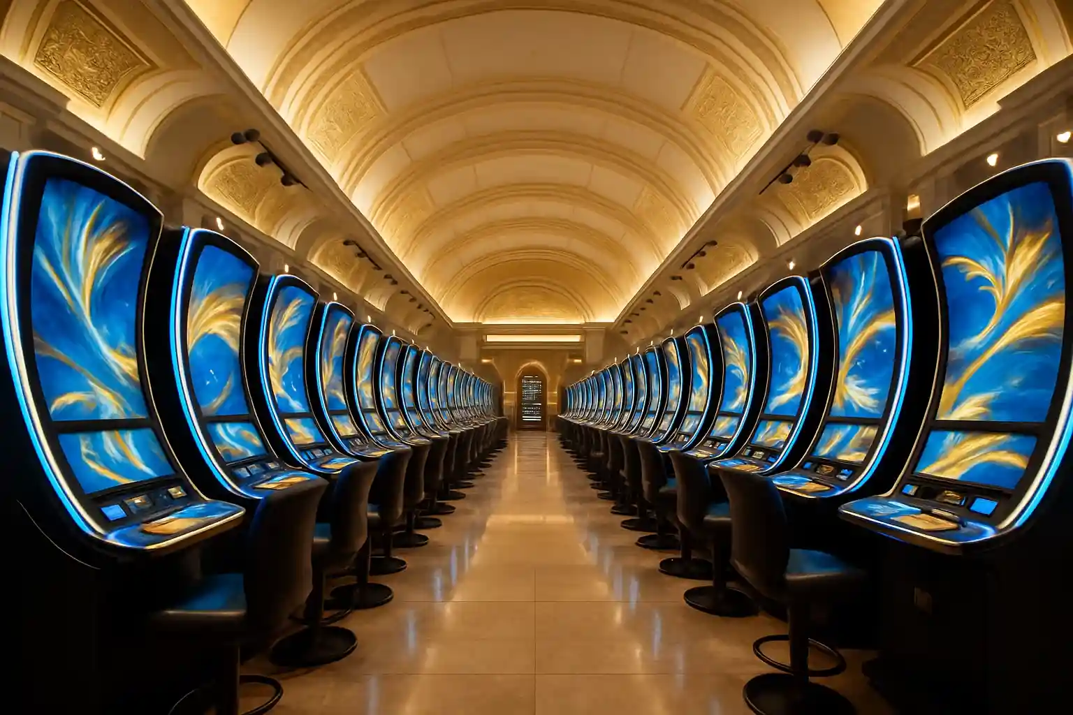 Hyperrealistic cinematic slots hall with curved machines, gold ceiling, glowing lights