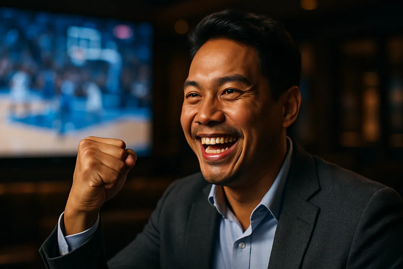 Filipino male sports bettor celebrating basketball win in Manila lounge
